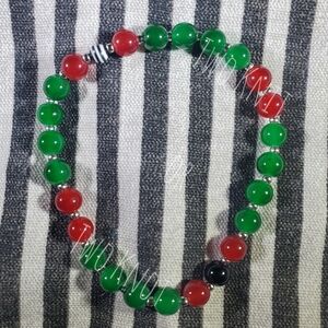 Green & Red Beaded Stretch Anklet Bracelet with Silver Accents